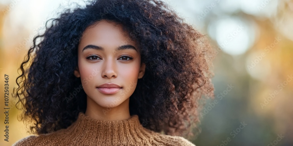 A serene young woman with natural curly hair in a cozy sweater, set against a soft autumn background, conveying tranquility and inner peace in nature. A serene young woman with natural curly hair in a cozy sweater, set against a soft autumn background, conveying tranquility and inner peace in nature.