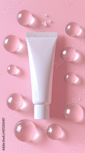 With pink background and white cosmetic tube, there are water drops on the tube