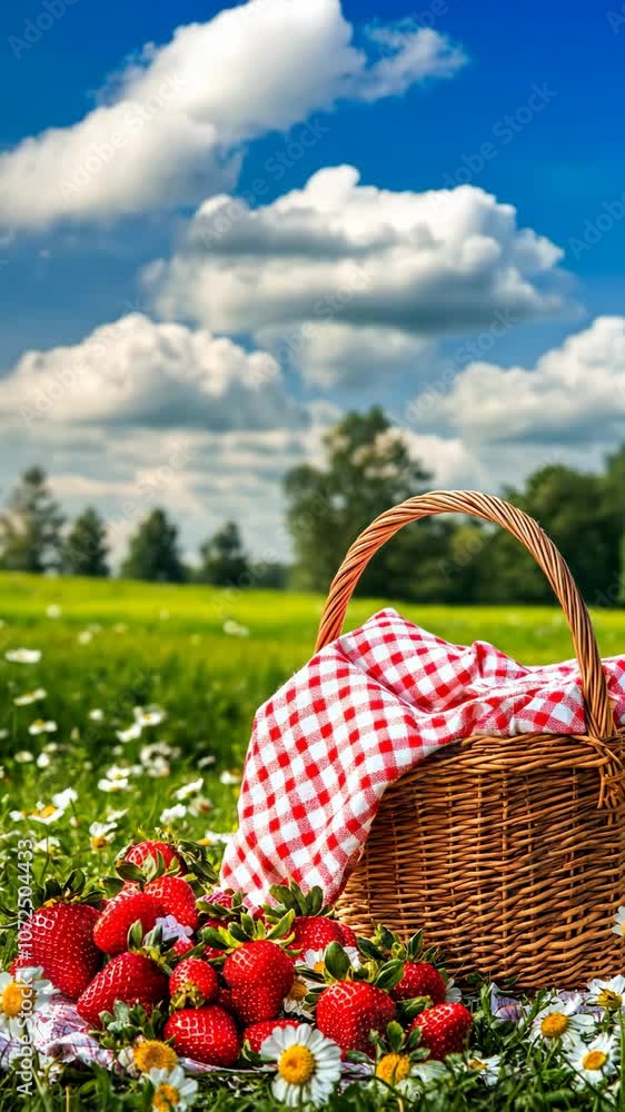 A wicker basket with a red and white checkered cloth sits on a grassy field, surrounded by ripe strawberries and white daisies A wicker basket with a red and white checkered cloth sits on a grassy field, surrounded by ripe strawberries and white daisies