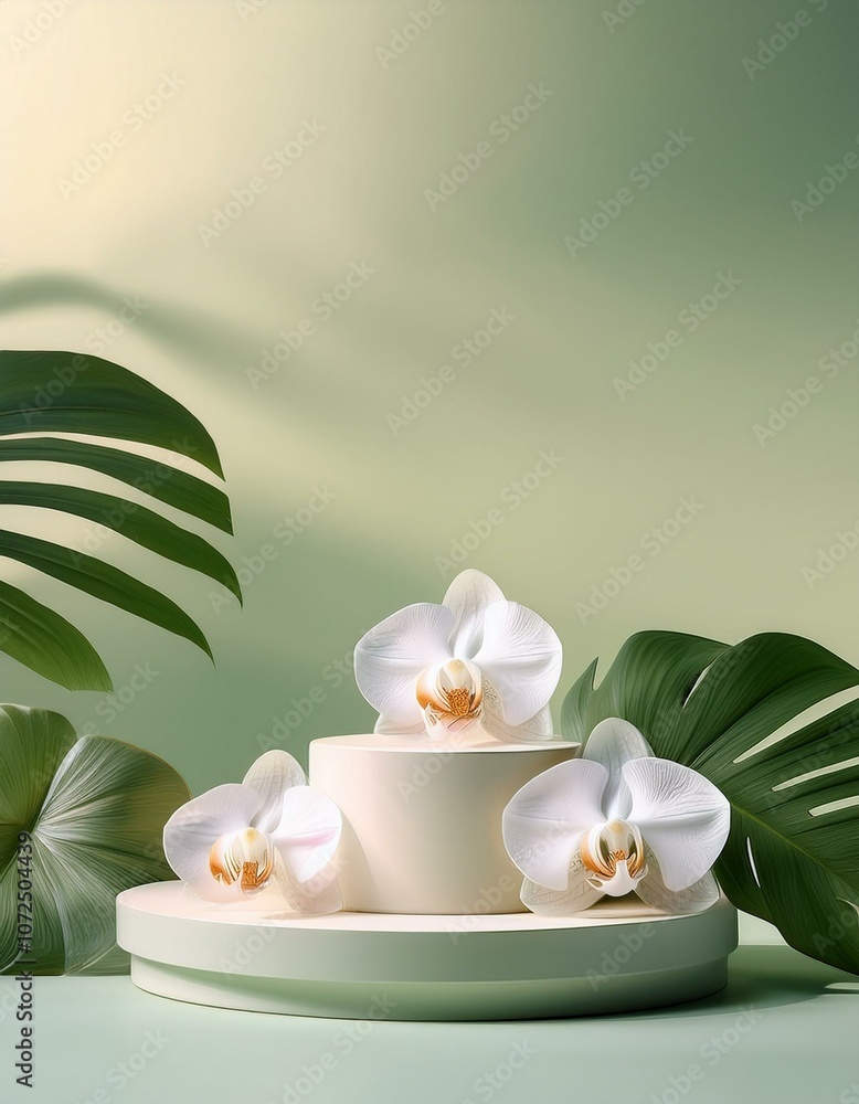 White orchids on podium with leaves White orchids on podium with leaves