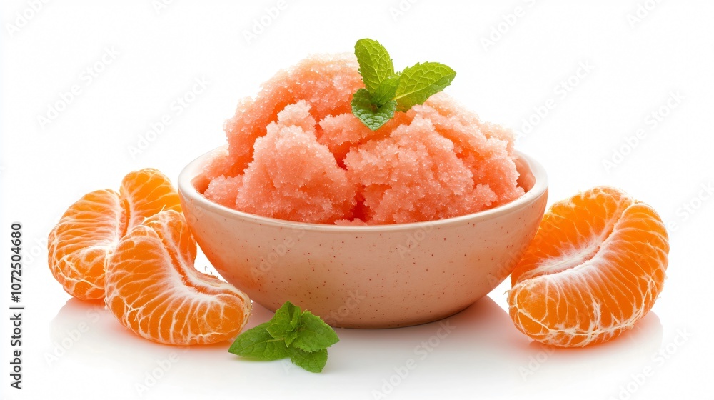 Refreshing tangerine sorbet served in a bowl, isolated on a white background with fresh tangerine slices and mint leaves around Refreshing tangerine sorbet served in a bowl, isolated on a white background with fresh tangerine slices and mint leaves around