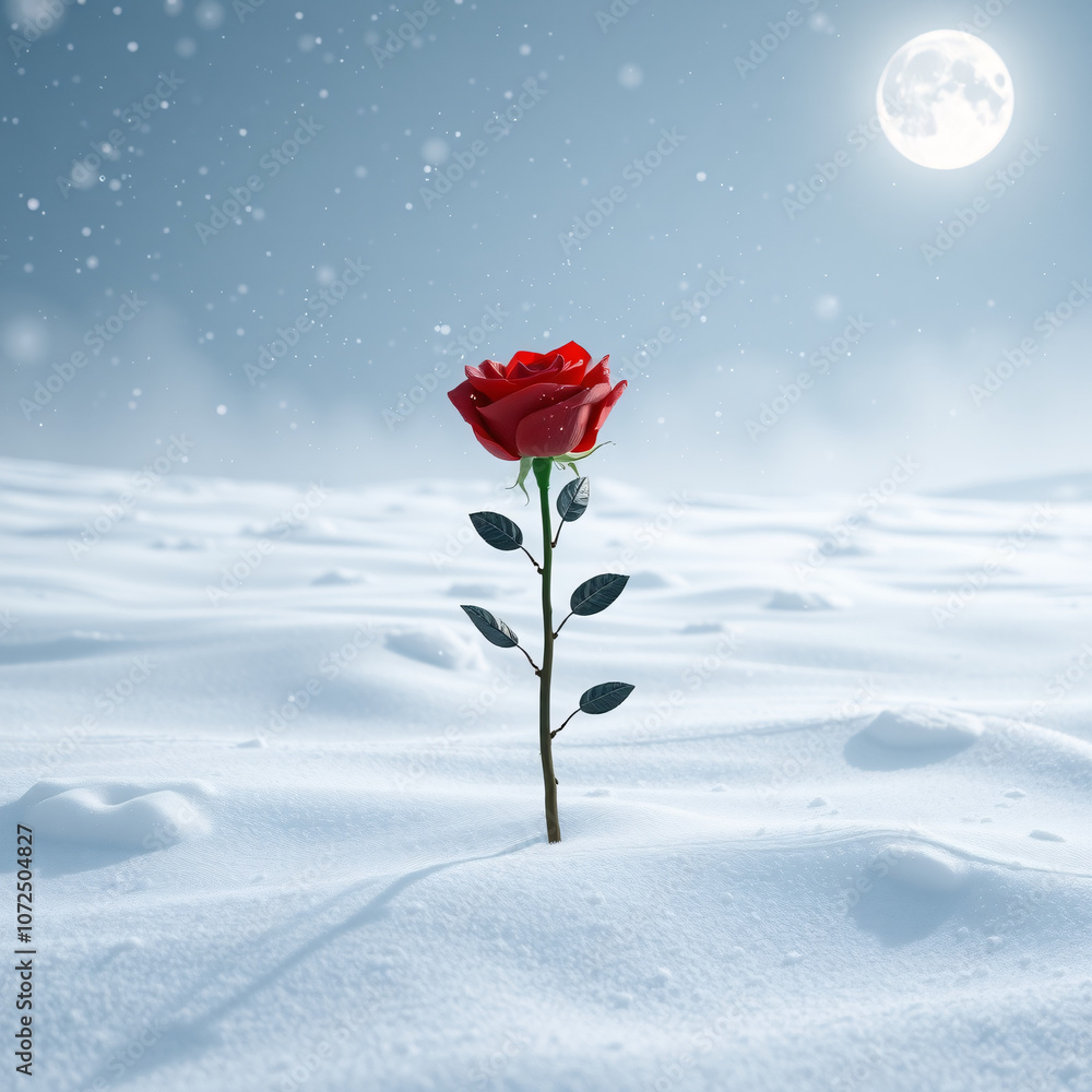Winter Rose: Single Red Flower in Snow Under Full Moon Winter Rose: Single Red Flower in Snow Under Full Moon
