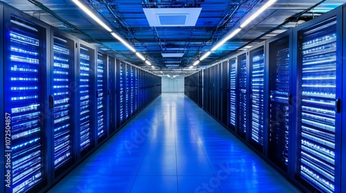 Server Room Interior With Blue Lights