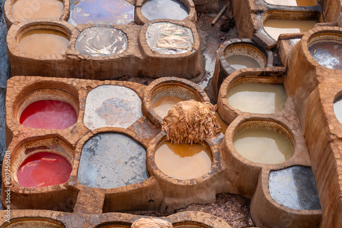 Stone vessels of Chouara Tannery in Fes el Bali, Morocco. Chouara Tannery is one of the three tanneries in the city of Fez.