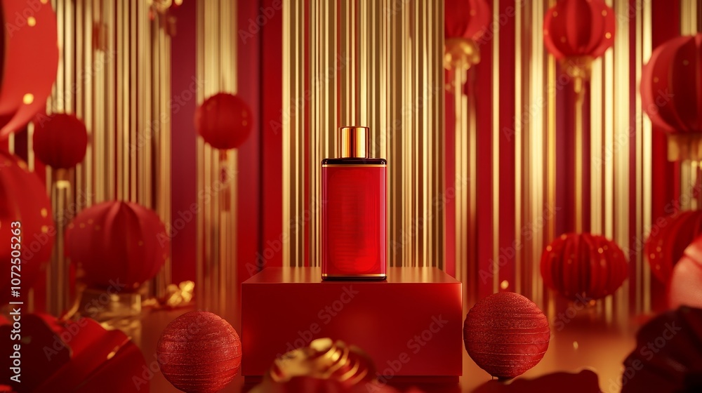 A festive display featuring a red bottle, mock-up amidst red and gold decorations, symbolizing celebration. A festive display featuring a red bottle, mock-up amidst red and gold decorations, symbolizing celebration.