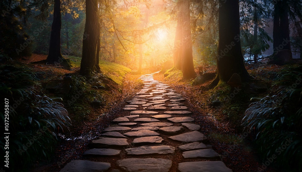 Obraz premium mysterious stone path in a dark forest with a glowing warm light at the end symbolizing hope and adventure