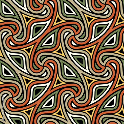 Seamless repeating pattern with an intricate design of interlocking wavy geometric elements. Modern ethnic style in black, white, green, and orange. Graphic vector illustration.