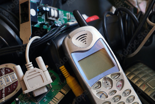 Outdated telecommunication technologies. Electronic waste for recycling. e-waste pile of old phones and circuits. photo