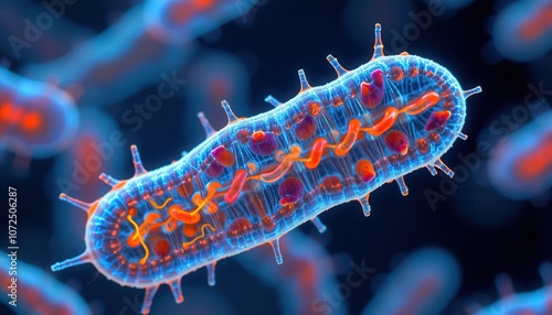 Close up of E coli bacteria under a microscope with fluorescent colors