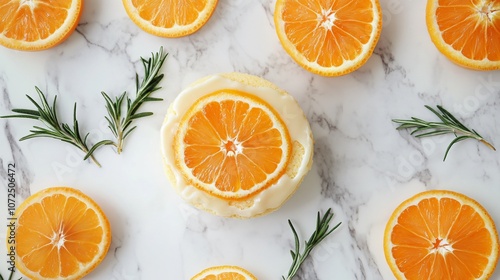 Tangerine olive oil cake with a smooth glaze, on a white marble background with tangerine slices and sprigs of rosemary photo