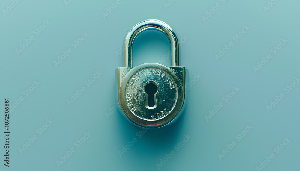 Steel combination padlock on light blue background, top view Steel combination padlock on light blue background, top view