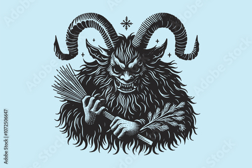  Krampus. Scary horned creature with a broom. Hand drawn engraving vector illustration, emblem, logo, cut out, isolated object
