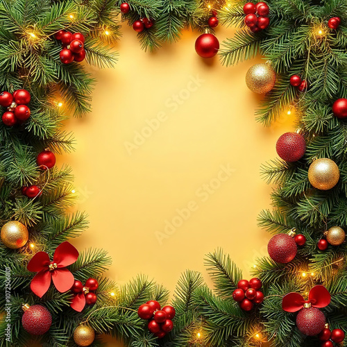 christmas garland mock up copy space, yellow background, merry christmas and happy new year