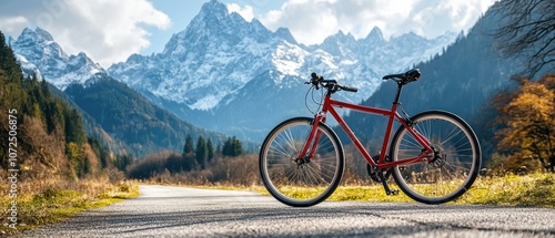 Red bicycle on a winding road with a mountain range in the background.