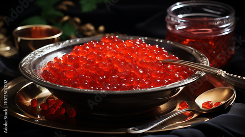 Plate of Red Caviar on Table with Dark Background, Luxurious and Elegant Presentation photo