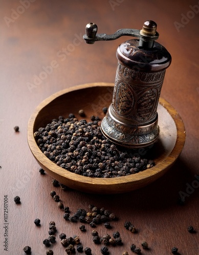 Ornate pepper mill & black peppercorns