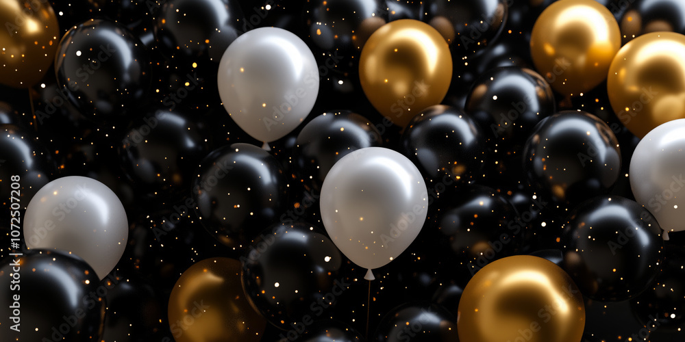 Festive arrangement of black, white, and gold balloons with sparkling confetti on a dark background. 3D rendering for celebration and luxury event decor concepts. Festive arrangement of black, white, and gold balloons with sparkling confetti on a dark background. 3D rendering for celebration and luxury event decor concepts.
