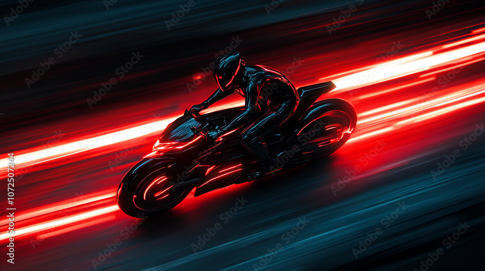 Futuristic motorcycle rider in black suit speeding through neon red light trails, creating a high-tech cyberpunk aesthetic. Fast-paced action and sci-fi concept. Futuristic motorcycle rider in black suit speeding through neon red light trails, creating a high-tech cyberpunk aesthetic. Fast-paced action and sci-fi concept.