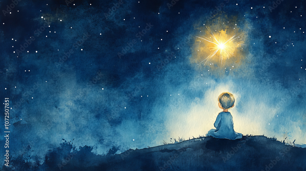 Watercolor illustration of a child sitting on a hill, looking at a large glowing star in a dark blue night sky filled with smaller stars. Fantasy night scene. Design for poster, banner, greeting card. Watercolor illustration of a child sitting on a hill, looking at a large glowing star in a dark blue night sky filled with smaller stars. Fantasy night scene. Design for poster, banner, greeting card.