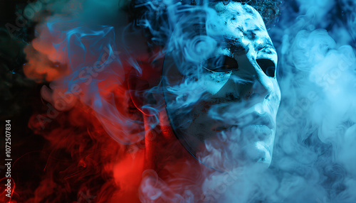 Theatrical performance. Man with plastic mask in smoke on dark background, closeup