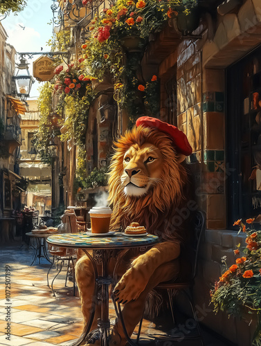 Charming street cafe scene featuring a lion enjoying coffee and pastry, perfect for whimsical wall art, design projects, or decorative purposes. photo