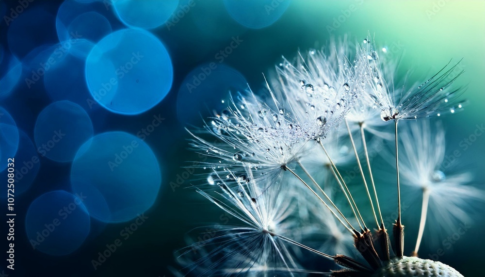 Obraz premium beautiful shiny dew water drop on dandelion seed in nature macro soft selective focus sparkling bokeh dark blue green background