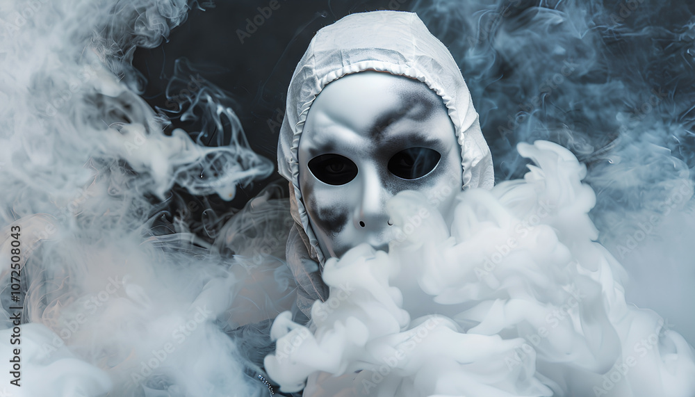 Theatrical performance. Man with plastic mask in smoke on dark background, closeup