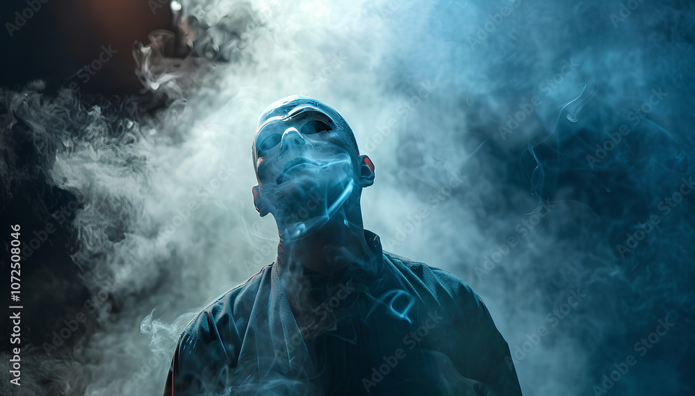 Theatrical performance. Man with plastic mask in smoke on dark background, closeup Theatrical performance. Man with plastic mask in smoke on dark background, closeup