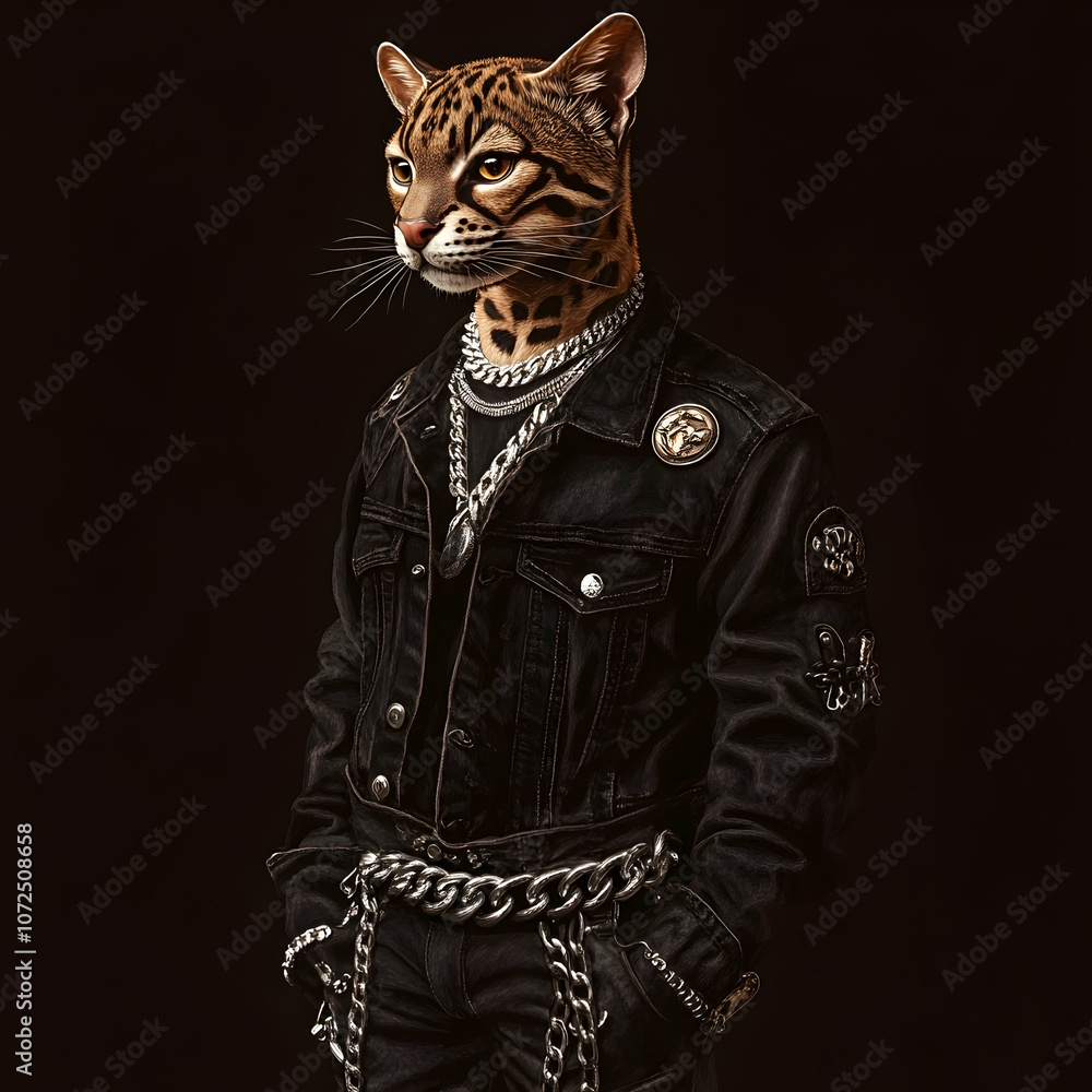 A fierce ocelot wearing a black denim jacket, pants, and chains. A fierce ocelot wearing a black denim jacket, pants, and chains.