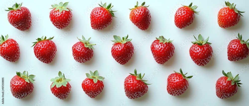 Red strawberries arranged in rows on a white surface, forming a pattern. Red strawberries arranged in rows on a white surface, forming a pattern.