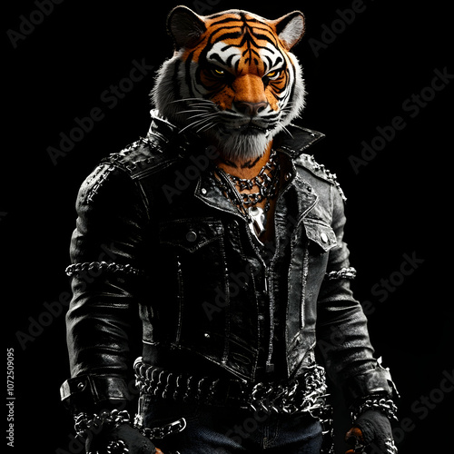 A fierce tiger with a human-like face, dressed in a leather jacket and chains, against a black background. photo