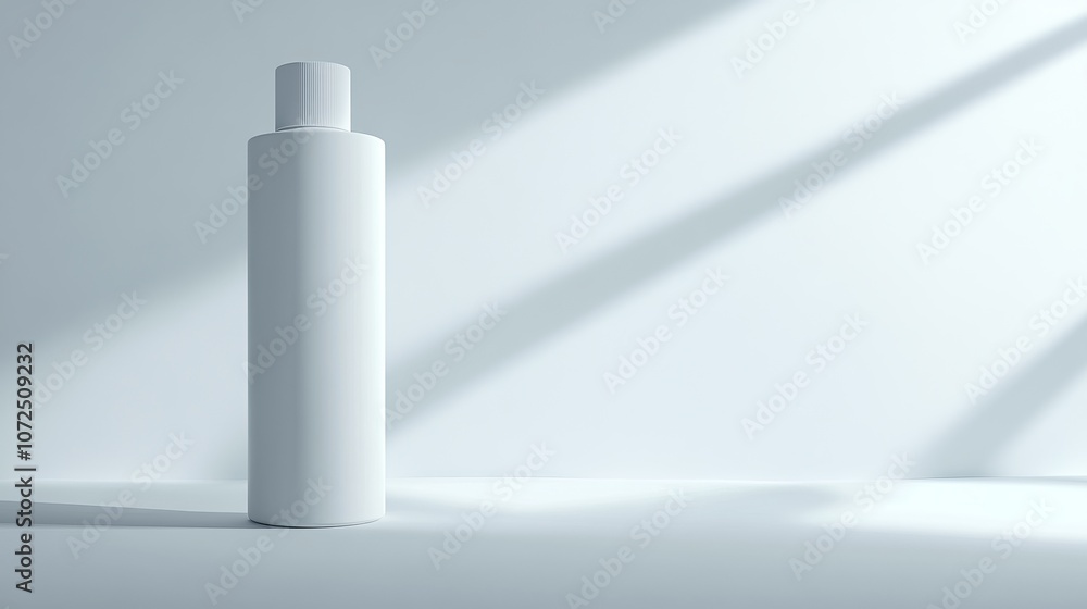 A minimalist white bottle, mock-up stands against a softly lit backdrop, suggesting product packaging. A minimalist white bottle, mock-up stands against a softly lit backdrop, suggesting product packaging.