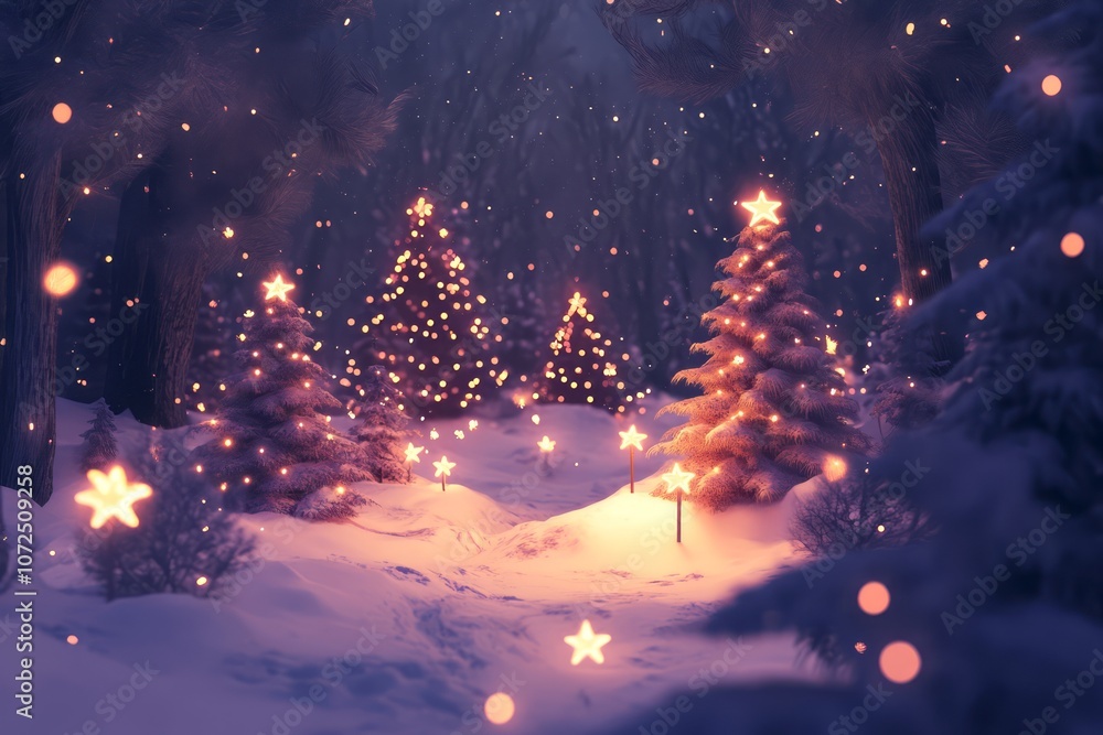 Naklejka premium Illuminated Christmas Trees in a Snowy Forest at Night