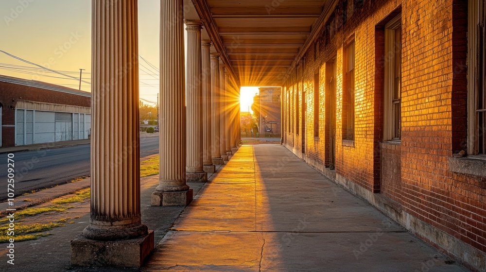 Sunlight Streaming Through Columns of a Brick Building