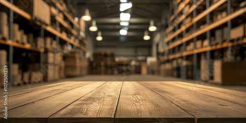 Wallpaper Mural Wooden Tabletop with Blurred Warehouse Background Torontodigital.ca