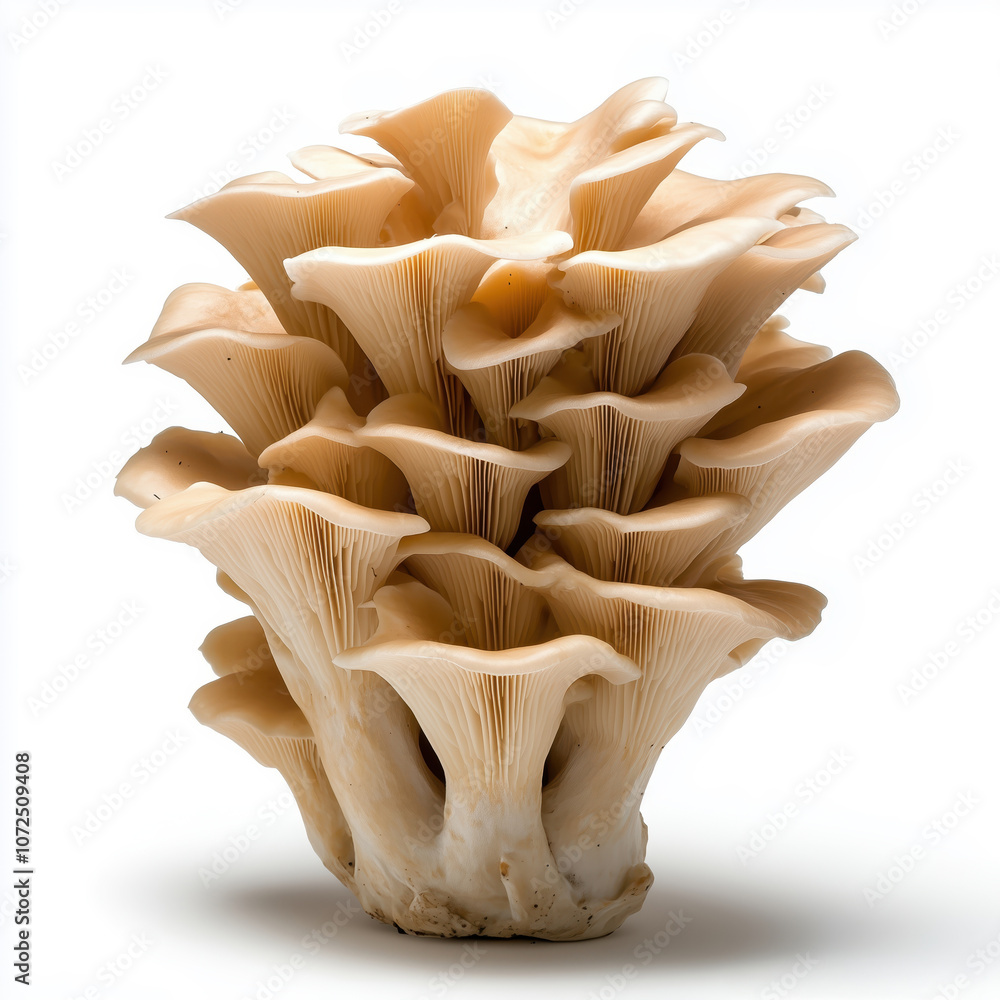 Intricate lone maitake mushroom standing out against a stark white background Intricate lone maitake mushroom standing out against a stark white background