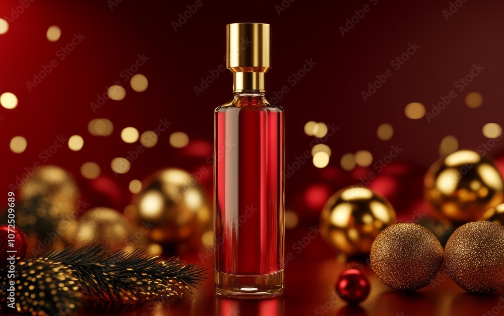 A stylish perfume bottle, mock-up surrounded by festive decorations and bokeh light. A stylish perfume bottle, mock-up surrounded by festive decorations and bokeh light.