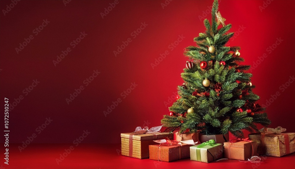 Arbol de navidad, con decoración navideña, fondo Rojo Arbol de navidad, con decoración navideña, fondo Rojo