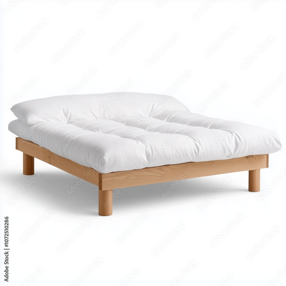 Minimalist futon bed with light wood frame and white mattress in a serene Japanese-inspired design Minimalist futon bed with light wood frame and white mattress in a serene Japanese-inspired design