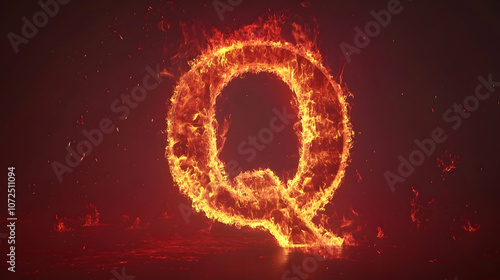 A fiery letter Q, burning bright against a dark red background.