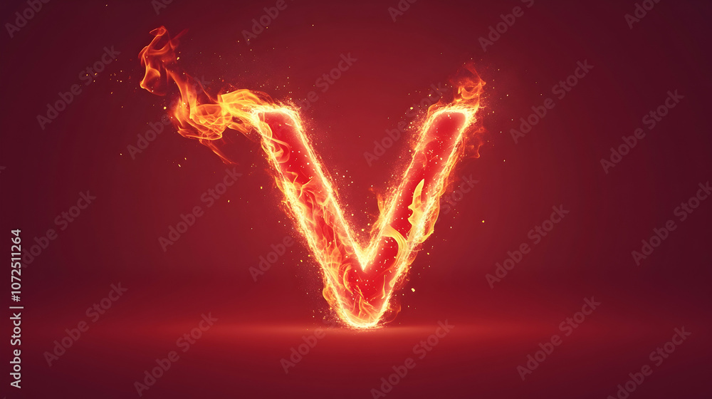 A fiery letter V, burning with intensity against a red background. A fiery letter V, burning with intensity against a red background.