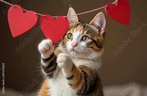 Cute calico cat playing with heart-shaped garland. Valentine's day concept. Pets during holidays. Space for text photo