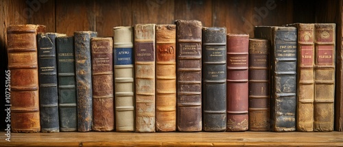 Row of antique, leather-bound books on a wooden shelf.