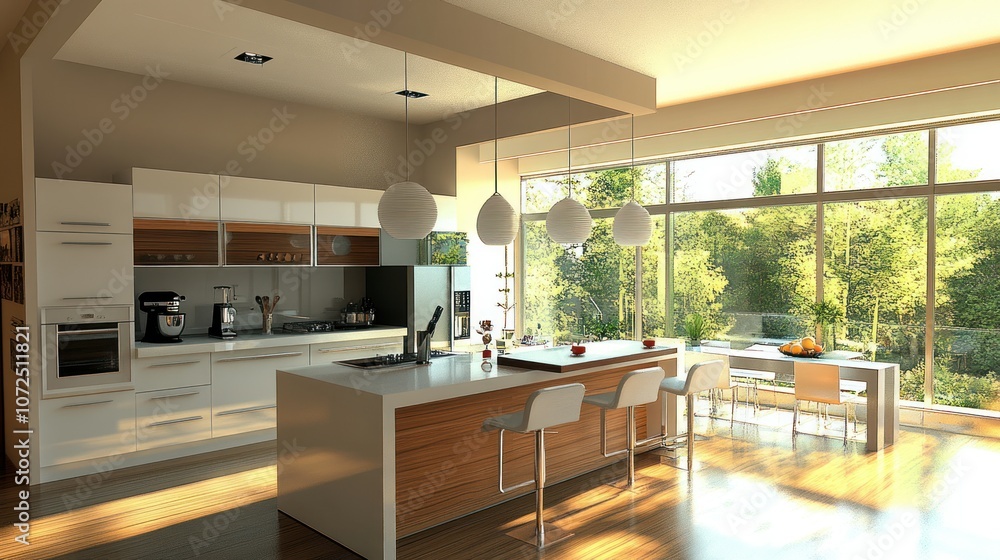 Modern Kitchen with Island, Bar Stools, and a View Modern Kitchen with Island, Bar Stools, and a View