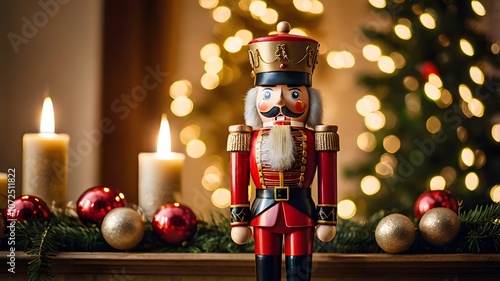 classic nutcracker soldier decorated mantelpiece pine garlands ornaments soft golden bokeh lights background nostalgic holiday charm