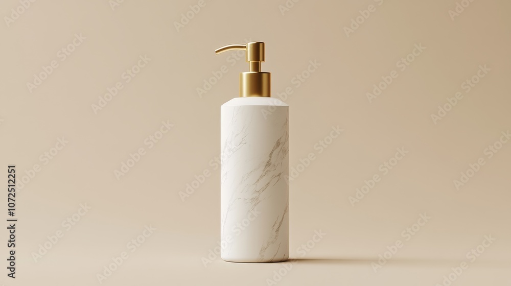 A sleek marble-patterned bottle, mock-up with a gold pump, ideal for lotions or liquid soaps. A sleek marble-patterned bottle, mock-up with a gold pump, ideal for lotions or liquid soaps.