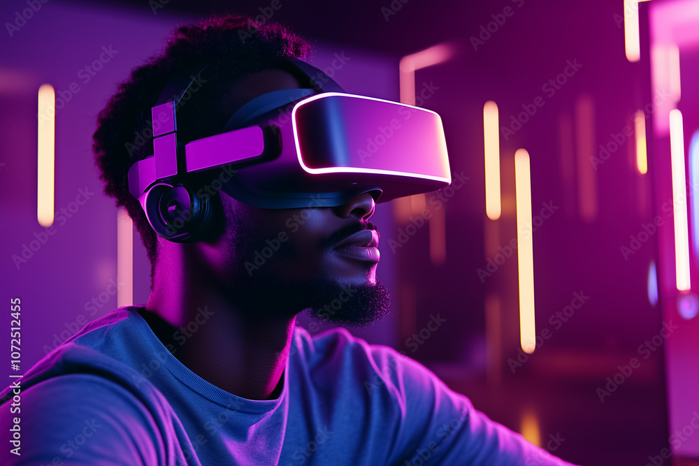 The young man is fully engaged in a virtual reality experience, surrounded by vibrant neon lights at night The young man is fully engaged in a virtual reality experience, surrounded by vibrant neon lights at night