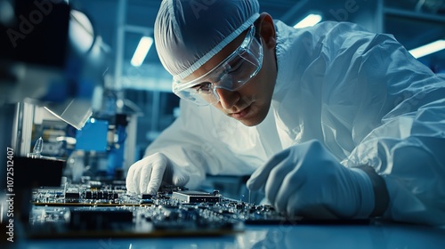 An engineer in a cleanroom environment, assembling highly sensitive electronic circuits for advanced technology use.