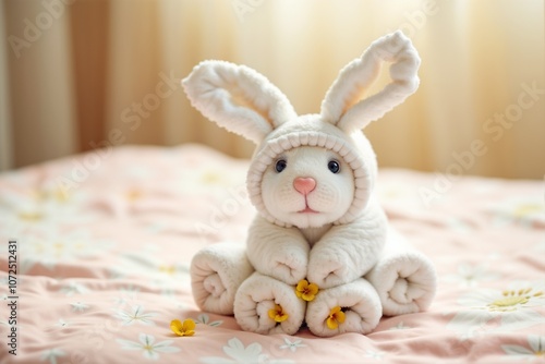 Adorable plush bunny wearing a hood with flowers on a cozy pastel blanket photo