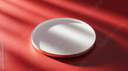 A minimalist white plate with a subtle rim, resting on a red surface, illuminated by soft light.